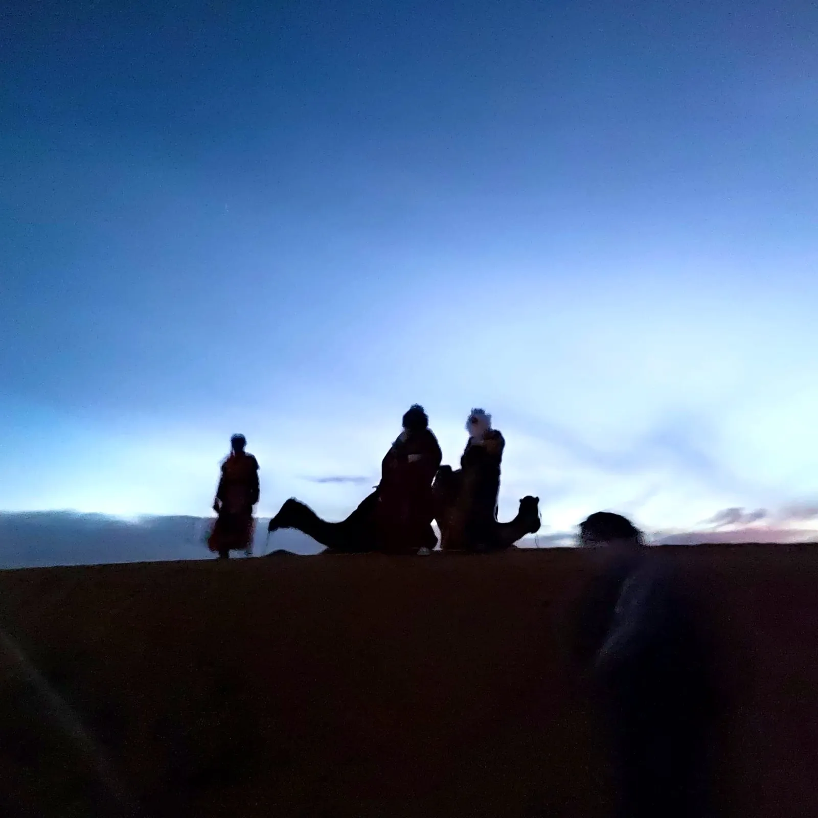 Los Reyes Magos llegando en dromedario por la duna al anochecer, en el viaje de otro año