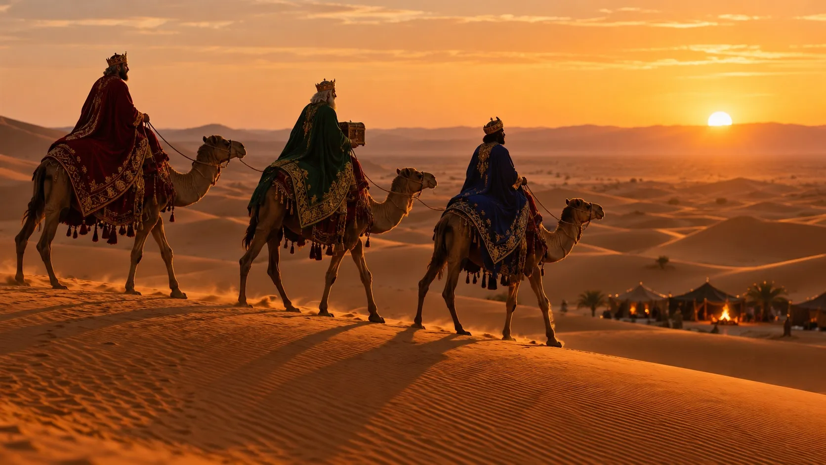 Ilustración de los tres Reyes Magos en dromedario por las dunas del desierto al atardecer